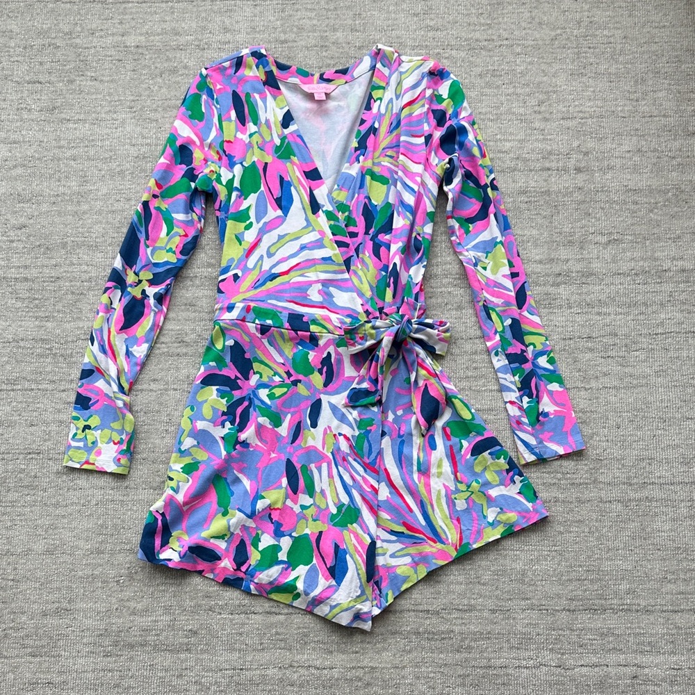 Lilly Pulitzer Long-Sleeve Wrap Romper in Pink, Green, Blue & Purple